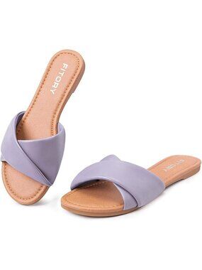 Women's Purple Flat Sandals Fashion Slides With Soft Leather Slippers Casual